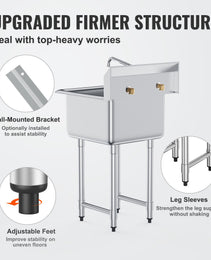 Stainless Steel Prep & Utility Sink – Commercial Single Bowl Free-Standing Station with Faucet & Adjustable Legs