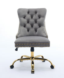 A&A Furniture Office Chair,Modern Velvet Upholstered Tufted Button Home Office Chair With Golden Metal Base,Adjustable Desk Chair Swivel Office Chair Gray