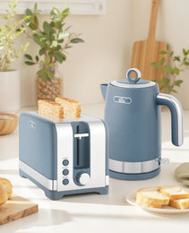 Sleek Textured Breakfast Set: 1.7L Rapid-Boil Kettle & 2-Slice Toaster – Matte Blue & Polished Chrome