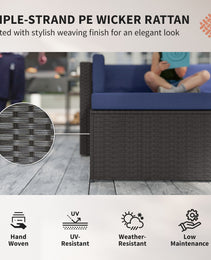 3 Piece Patio Furniture Set, Wicker Outdoor Patio Conversation Furniture Set with Cushions, Glass Top Table, Navy Blue