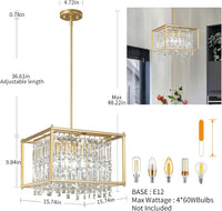 Modern Foyer Chandelier, Gold Crystal Chandelier Entryway Pendant Light Fixture, Square Adjustable Height Chandeliers for Kitchen Island, L15.74'' X H9.84''