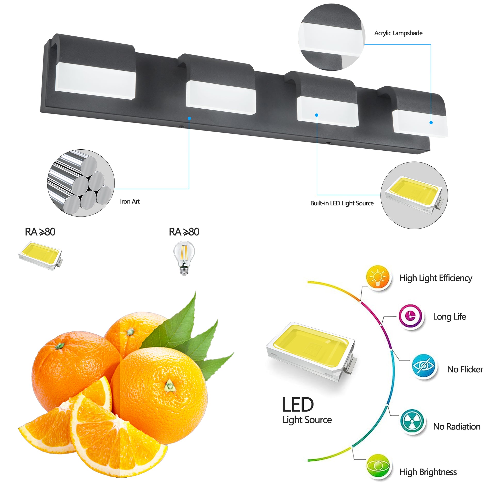4-Light Acrylic Matte Black Bathroom Vanity Mirror Light For Mirror, Shower, And Bathroom Decor