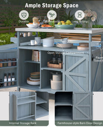 K&K Outdoor Kitchen Island, Rolling Bar Cart & Storage Cabinet, Farmhouse Solid Wood Outdoor Grill Table With Stainless Steel Top, Spice Rack , Towel Rack For Kitchen & BBQ , Grey Blue