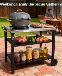 3-Tier Outdoor Grill Cart With Stainless Steel Top, Movable BBQ Prep Table With Wheels, Rolling Serving Bar Cart For Patio, Backyard, Pizza Oven Stand, Black