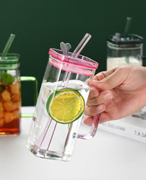 1 Pcs Green Glass Straw Cup, 6 Colors Square Glass Cup With Straw And Lid, High Borosilicate Glass Cup, Milk Cup, Juice Cup, Cold Drink Cup, Coffee Cup, Tea Cup, Office Cup, Gift Cup