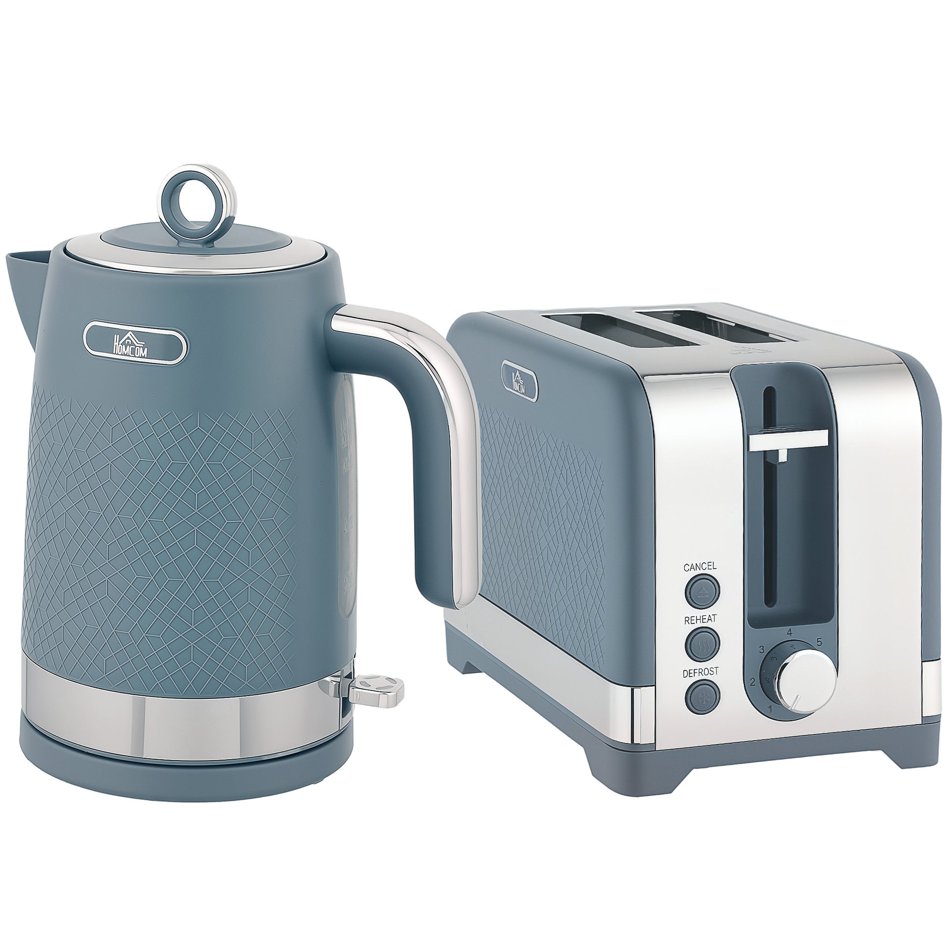 Sleek Textured Breakfast Set: 1.7L Rapid-Boil Kettle & 2-Slice Toaster – Matte Blue & Polished Chrome