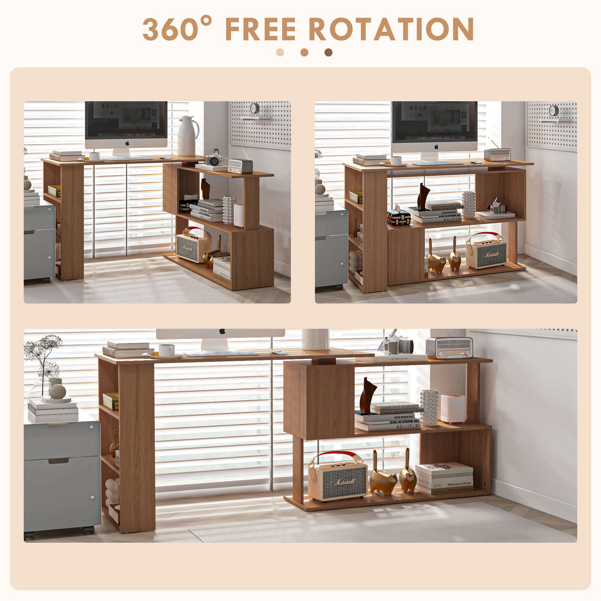 360° Rotating Home Office Desk L Shaped Corner Computer Desk with Storage Shelves, Writing Table Workstation, Teak