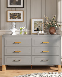 6-Drawer Double Dresser In Gray, Modern Storage Cabinet With Metal Handles & Solid Wood Legs, Dresser Drawer Organizer For Kids Bedroom, Heavy-Duty Wooden Dresser With Pre-Installed