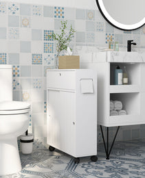 Toilet Paper Cabinet, Slim Bathroom Cabinet with 4 Rolling Wheels, Small Bathroom Storage Cabinet with Paper Holes, Sliding Doors and Adjustable Shelf for Small Space, White