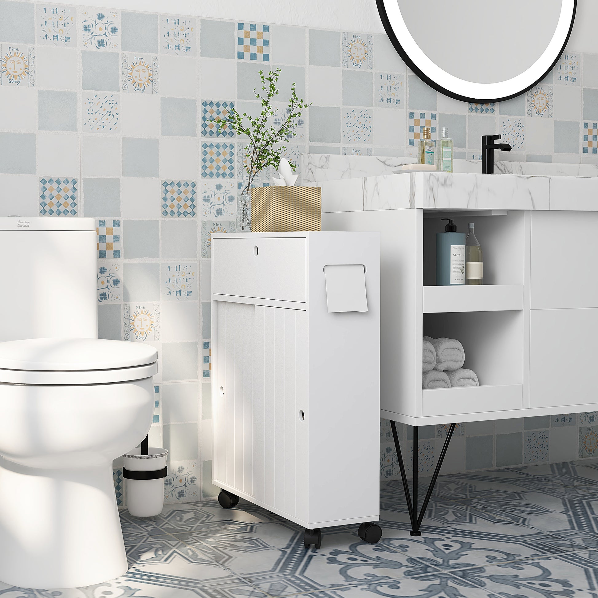 Toilet Paper Cabinet, Slim Bathroom Cabinet with 4 Rolling Wheels, Small Bathroom Storage Cabinet with Paper Holes, Sliding Doors and Adjustable Shelf for Small Space, White