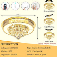 24" Modern Crystal Dimmable Chandeliers for Living Room LED Chandeliers Flush Mount Ceiling Light Fixture Dining Room Bedrooms Gold