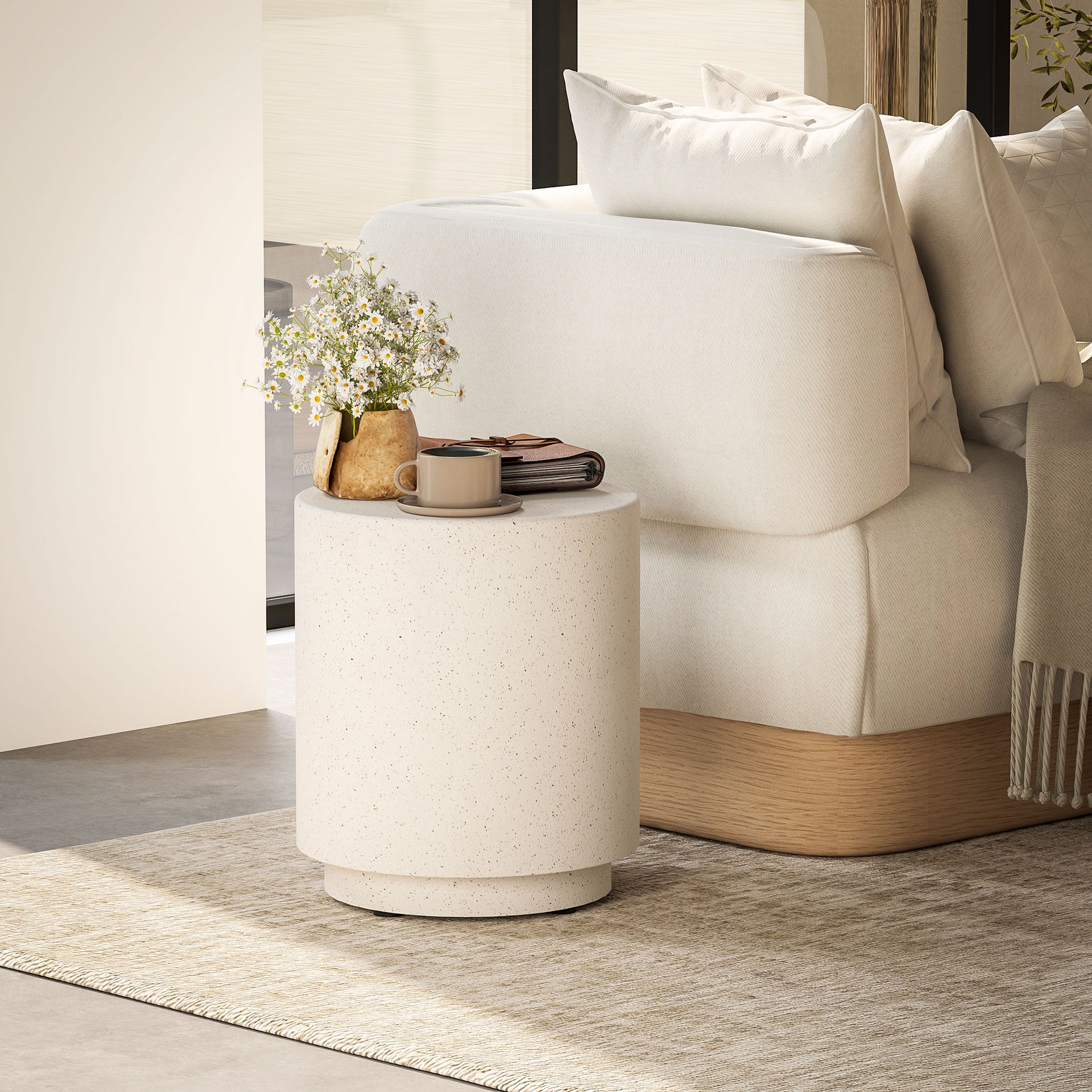 Lightweight Accent Table With Concrete Finish Round Side Table, Light Yellow