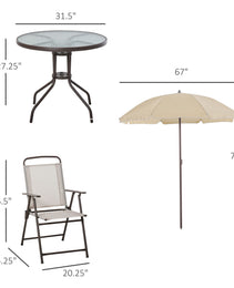 6-Piece Patio Dining Set With Umbrella, Folding Chairs & Glass Table, Beige - Outdoor Meal Setup