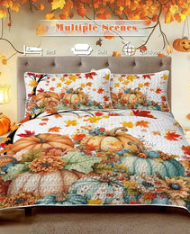 3PCS Colorful Oil Painting Pumpkin Pattern Quilt Set For All Seasons Flower Fall Leaves Bedding Set With 2 Pillowcases For Kids Adults Thanksgiving Day Gifts