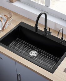 Granite Composite Single Bowl Kitchen Sink – Matte Black Quartz Workstation with Protective Grid & Drain Kit