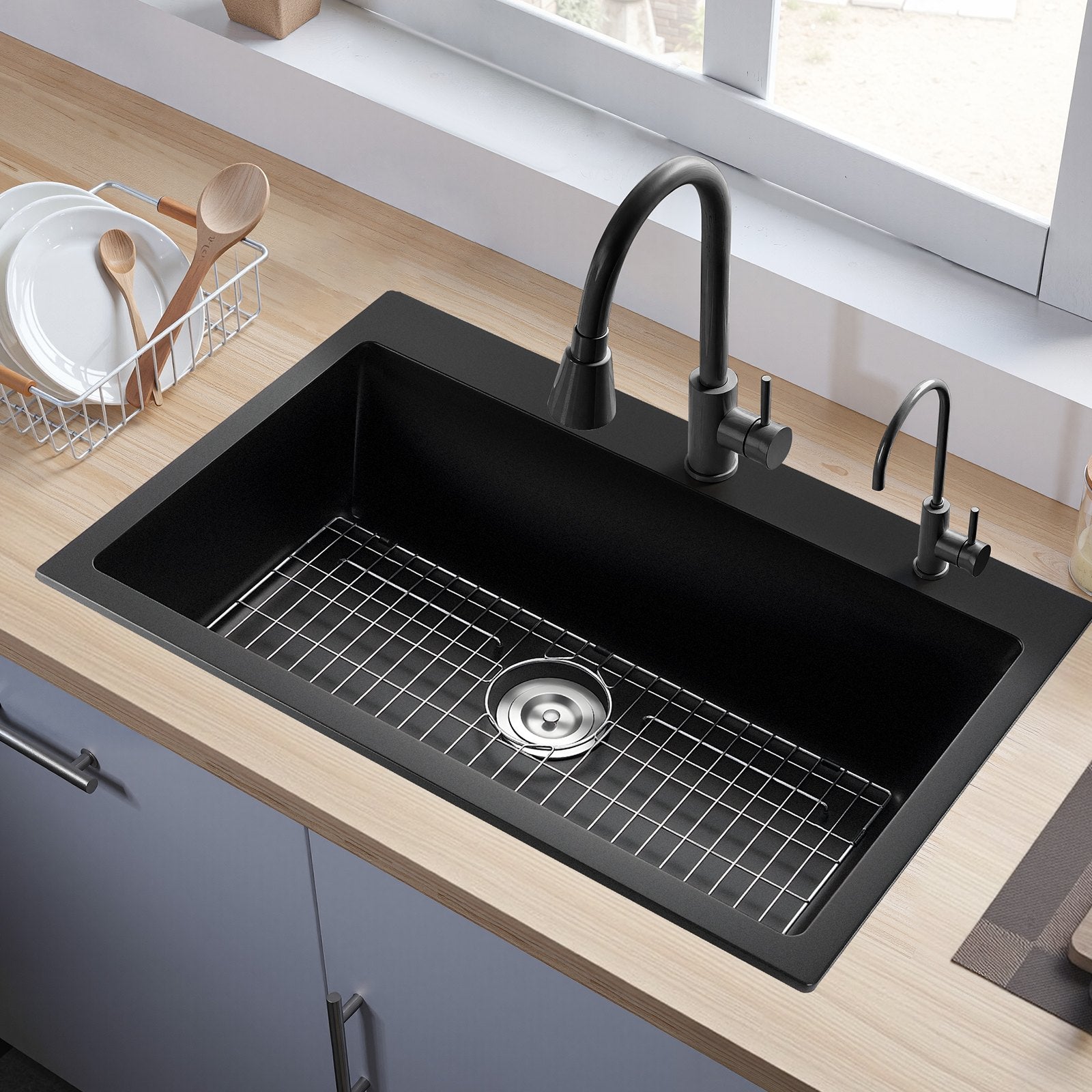 Granite Composite Single Bowl Kitchen Sink – Matte Black Quartz Workstation with Protective Grid & Drain Kit