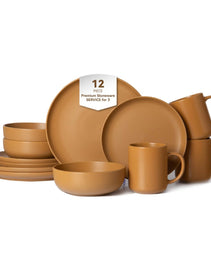 12-Piece Stoneware Dinnerware Sets With Mugs  Microwave & Dishwasher Safe Non-Toxic Dinner Plates Bowls Set  Stackable Matte Glaze Kitchenware For 3