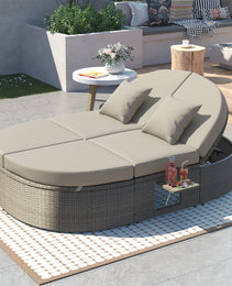 TOPMAX Outdoor Sun Bed Patio 2-Person Daybed With Cushions And Pillows, Rattan Garden Reclining Chaise Lounge With Adjustable Backrests And Foldable Cup Trays For Lawn,Poolside, Gray