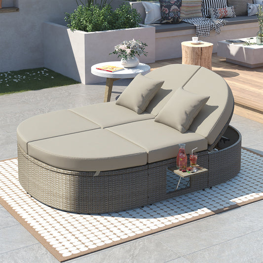 TOPMAX Outdoor Sun Bed Patio 2-Person Daybed With Cushions And Pillows, Rattan Garden Reclining Chaise Lounge With Adjustable Backrests And Foldable Cup Trays For Lawn,Poolside, Gray