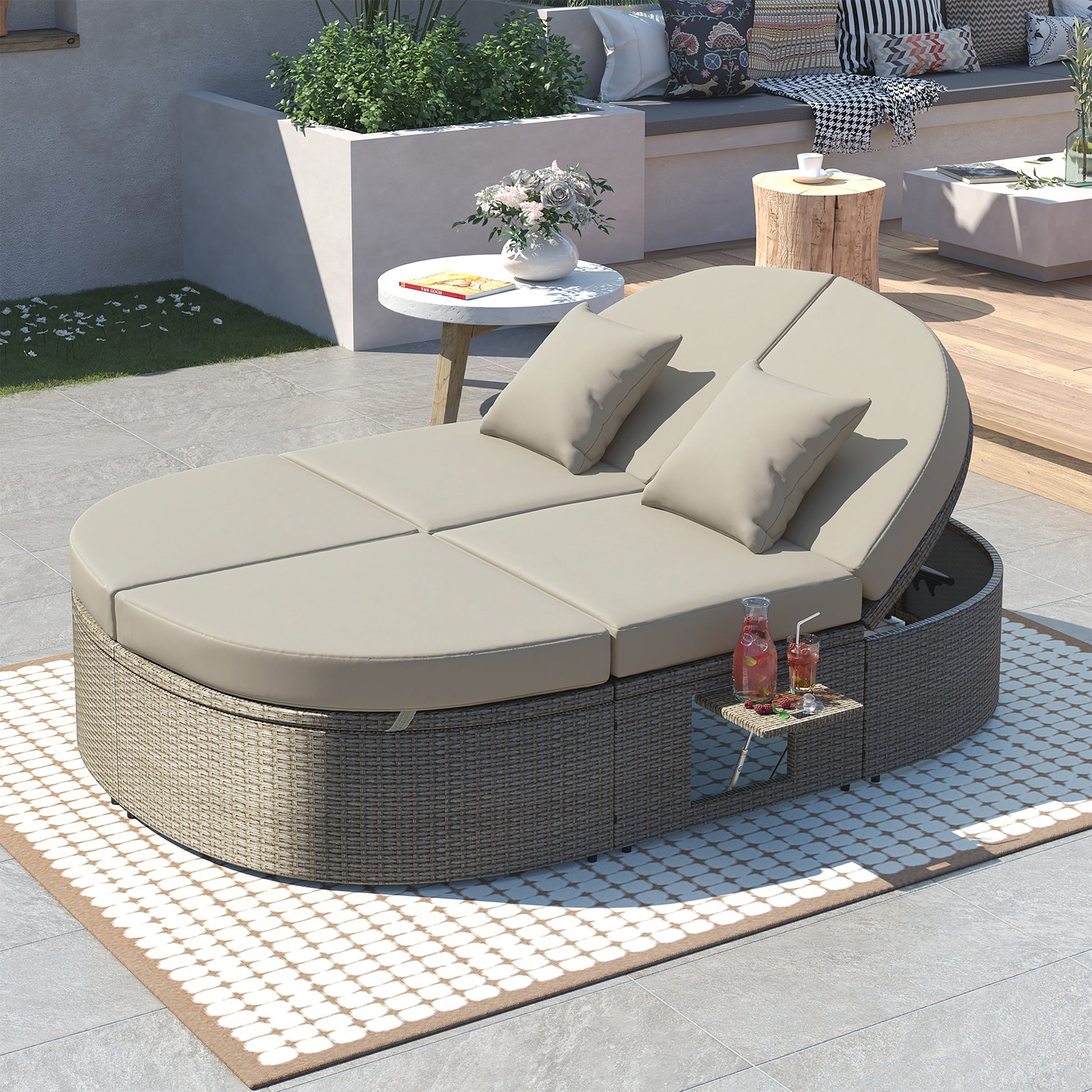 TOPMAX Outdoor Sun Bed Patio 2-Person Daybed With Cushions And Pillows, Rattan Garden Reclining Chaise Lounge With Adjustable Backrests And Foldable Cup Trays For Lawn,Poolside, Gray
