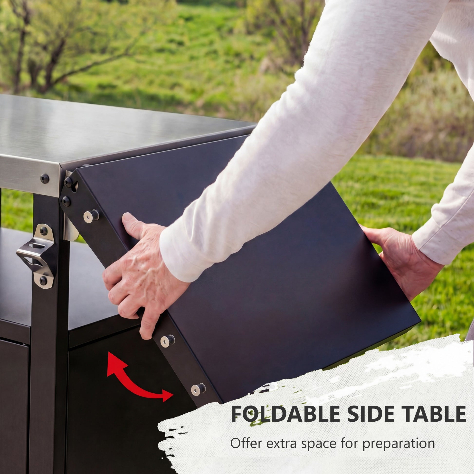 K&K Outdoor Grill Cart With Storage Cabinet, Outdoor Metal Kitchen Island With Foldable Table, Pizza Oven Table With Wheels & Stainless Steel Top & Hooks & Spice Rack For BBQ,Waterproof Cover Included