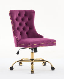 A&A Furniture Office Chair,Modern Velvet Upholstered Tufted Button Home Office Chair With Golden Metal Base,Adjustable Desk Chair Swivel Office Chair Purple