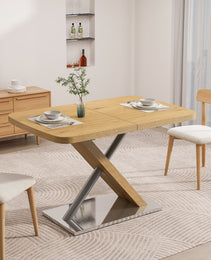 47.25 -63 Dining Table, Original Wood Color, Seating 4-6 People, Retractable Table, Cross Metal Base And Stainless Steel Tubing Natural