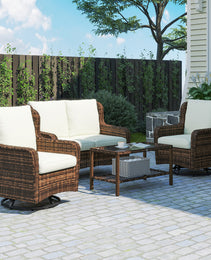 4 Piece Rattan Patio Furniture Set, Conversation Set with Swivel Glider Chairs Table Loveseat for Garden, Patio, Cream