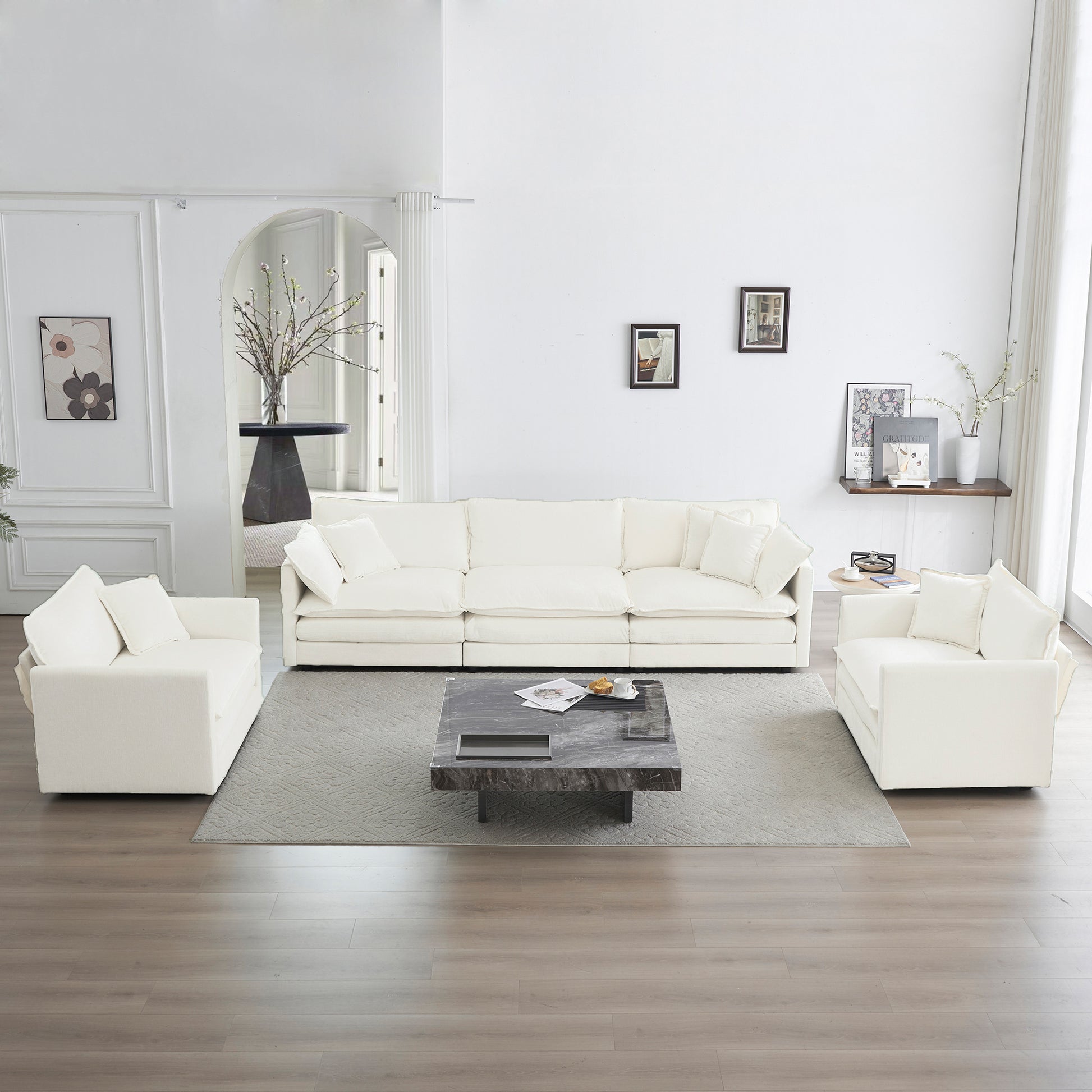 Sofa Set Of 3, 1-1-3 Seats Living Room Sofa Set, Accent Chair, Loveseat, And Three-Seat Sofa Modern Style Round Arms 3 Piece Sofa Set, White