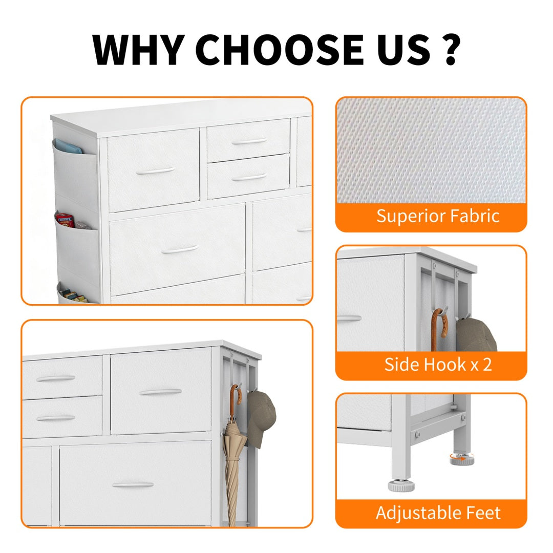 10-Drawer Dresser With Side Pocket & Hooks, Storage Cabinet With Wood Top For Bedroom Closet Organization