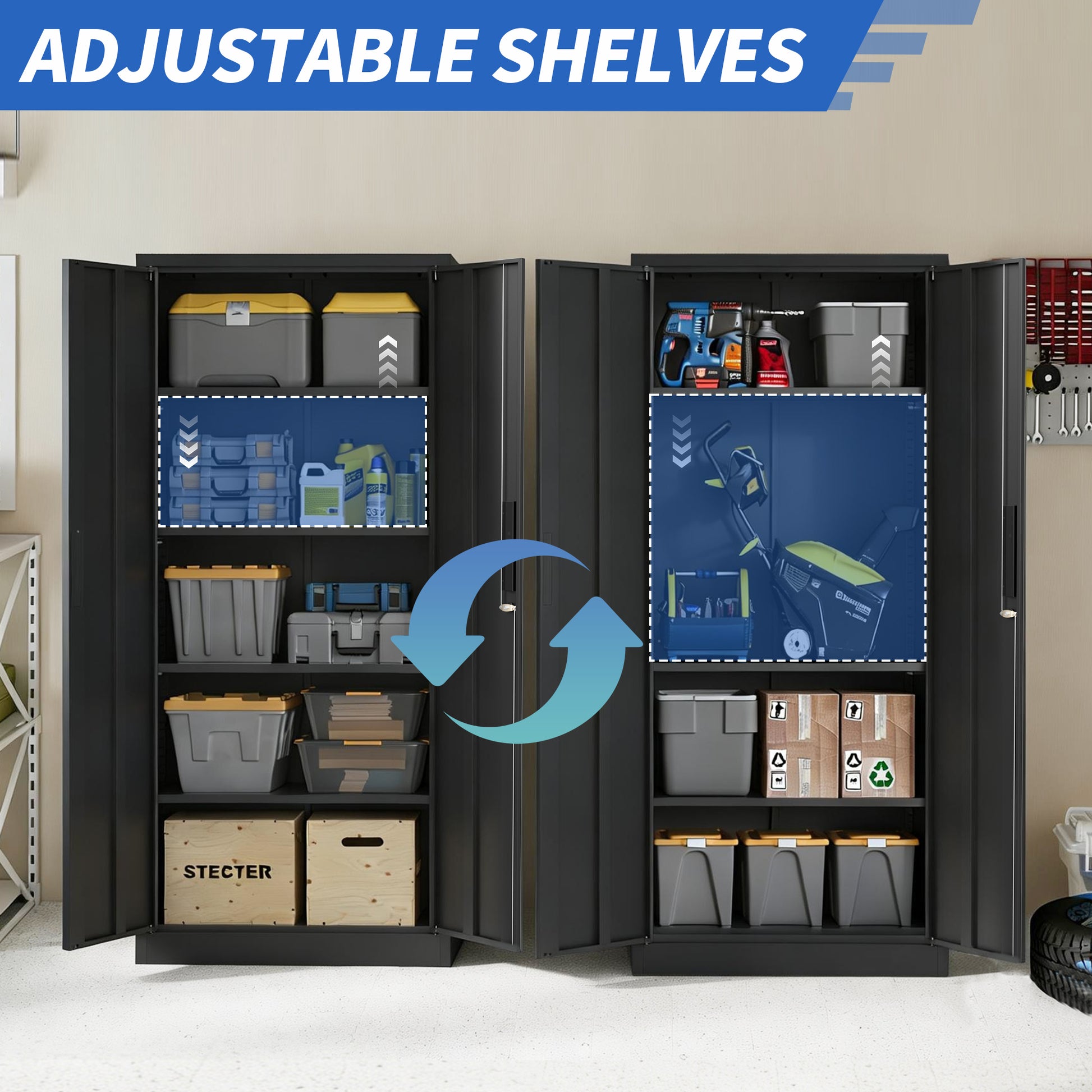 72H Metal Garage Storage Cabinet, Black Tool Steel Locking Cabinet With Doors And 4 Shelves, Tall Cabinets For Garage Storage Systems Lockable File Cabinet For Home Office, Classroom Pantry