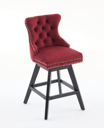 Swivel Velvet Barstools With Button Tufted Decoration And Wooden Legs, And Chrome Nailhead Trim, Leisure Style Bar Chairs,Bar Stools, Set Of 2 Wine Red