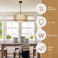 Table Lamp Farmhouse Chandelier Light Fixture,4-Light Rattan Boho Chandeliers for Dining Room with Fabric Shade,Hand Woven Large Rattan Dining Room Light Fixture for Kitchen Bedroom Island Hallway,Be