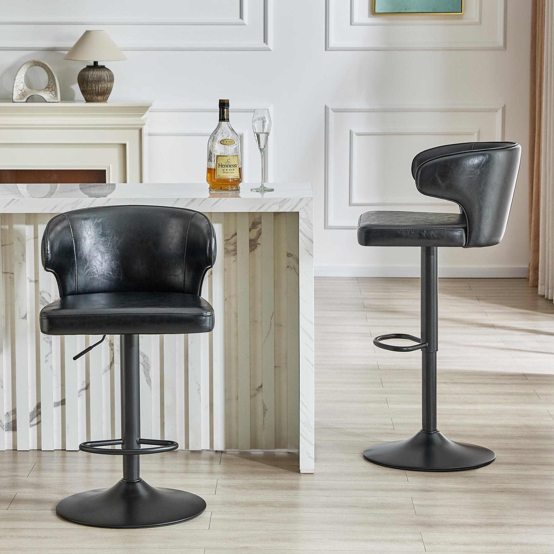Modern Rotating Adjustable Bar Chair, Oil Wax Belt Backrest Swivel Chair, Suitable For Kitchen Bar Counter And Dining Room, Adjustable Height, Capable Of Bearing 300 Pounds  Black -2 Pieces