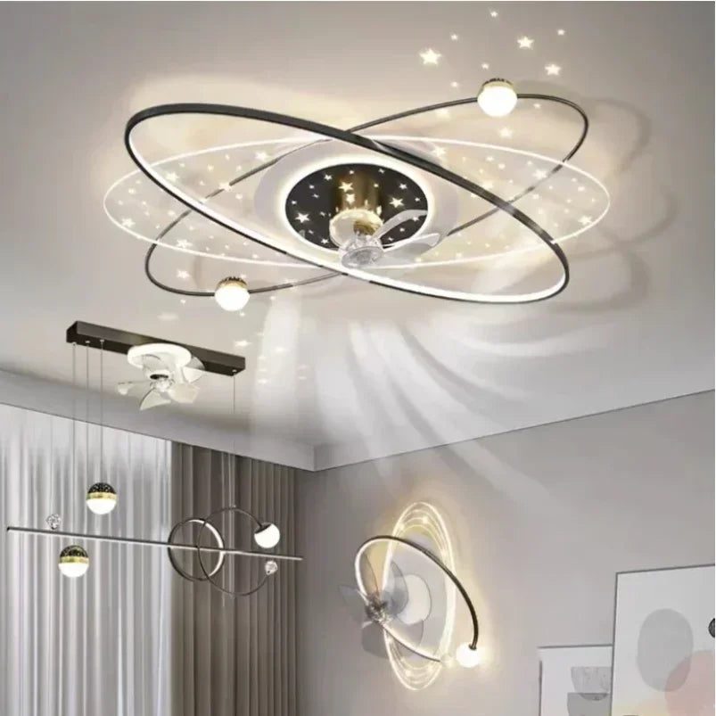 2025 Living Room Ceiling Fan Light Led Shake Head Electric Fan Pendant Lamp Stars Sky Bedroom Intelligent Remote Control Pendant
