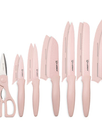 13-Piece Pink Kitchen Knife Set with Guards – Stainless Steel Non-Stick Knives Set with Sheaths & Kitchen Scissors