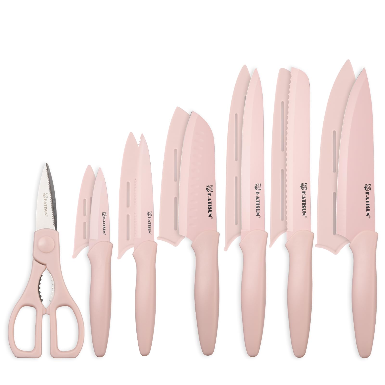 13-Piece Pink Kitchen Knife Set with Guards – Stainless Steel Non-Stick Knives Set with Sheaths & Kitchen Scissors