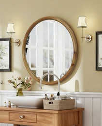 Round Wood Framed Wall Mirror, 35.43 Natural Wooden Circle Mirror For Bathroom, Bedroom, Entryway, Mid-Century Modern Decorative Mirror
