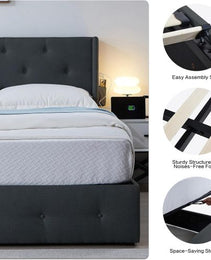 Queen Size Bed Frame With Storage - Lift Up Storage Bed With Modern Wingback Headboard, USB Ports