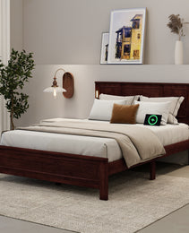 Queen Size Bed With Tall-Panel Headboard & Footboard, Built-in LED Lights, USB Charging Station, Pinewood Bed With Strengthened Bed Frame ,Walnut