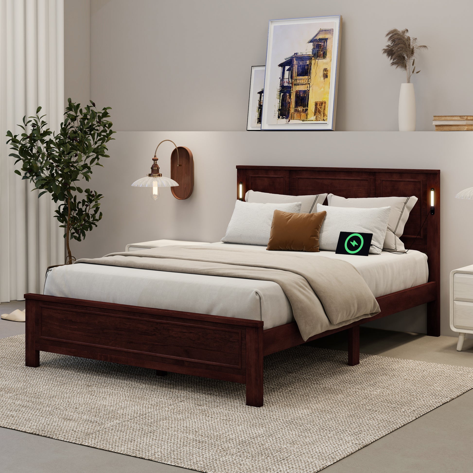 Queen Size Bed With Tall-Panel Headboard & Footboard, Built-in LED Lights, USB Charging Station, Pinewood Bed With Strengthened Bed Frame ,Walnut