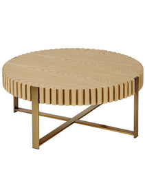 Modern Handcraft Drum Coffee Table 31.5 Inch Round Coffee Table For Living Room,Small Coffee Table With Sturdy Pedestal,Natural Ash