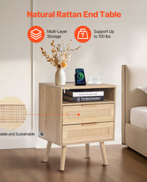 Rattan Nightstand, Boho Bedside Table With Open Shelf 2 Drawers, Rattan End Table Nightstand With Solid Wood Legs, Rattan Bedside Table With Charging Station, For Bedroom, Study & Living Room