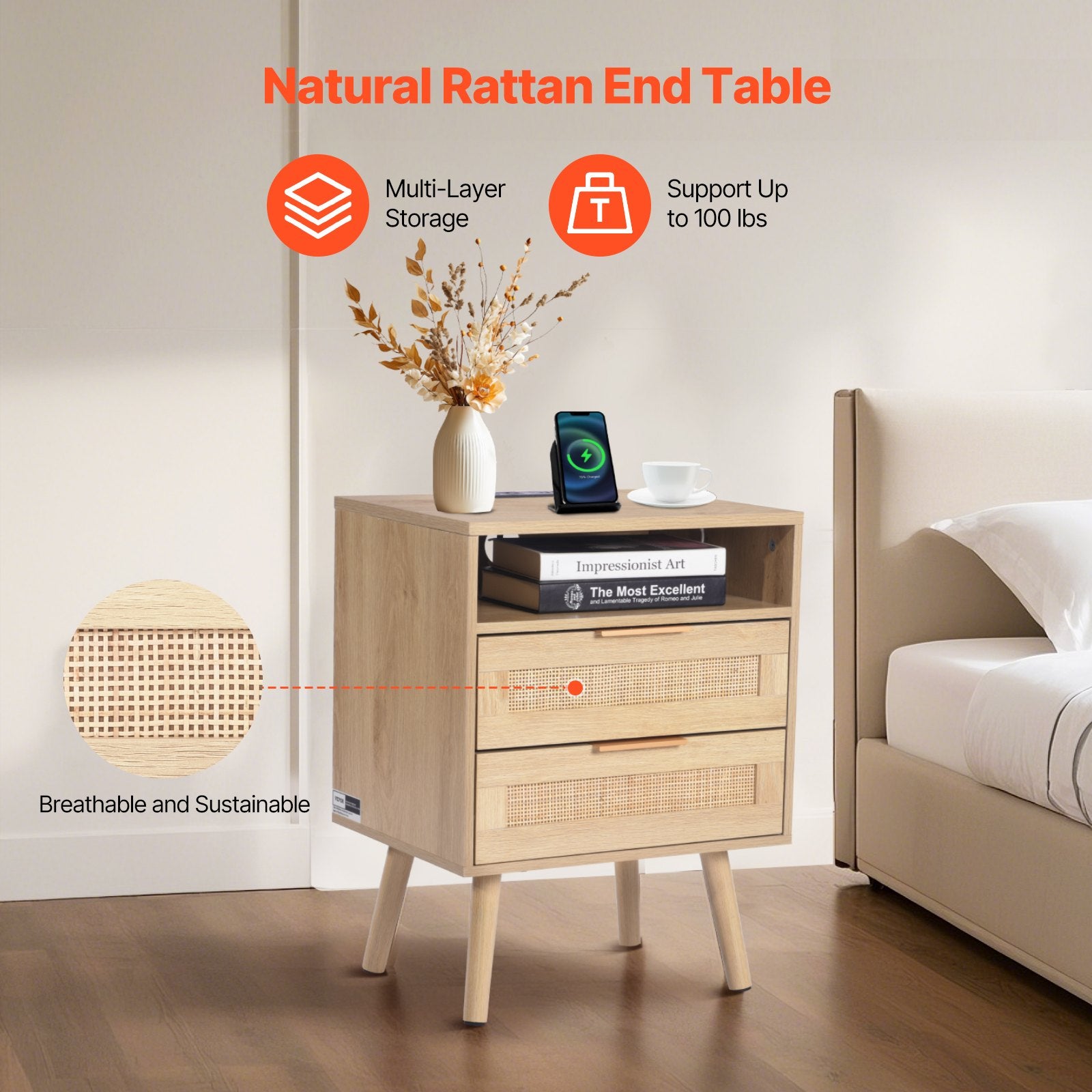 Rattan Nightstand, Boho Bedside Table With Open Shelf 2 Drawers, Rattan End Table Nightstand With Solid Wood Legs, Rattan Bedside Table With Charging Station, For Bedroom, Study & Living Room