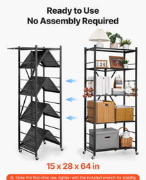 5-Tier Foldable Storage Shelf, 28W X 15D X 64H Inch Folding Metal Rack Shelving Unit, No Assembly Organizer Shelf With 5 Wheels & 4 Hooks For Pantry, Kitchen, Garage, Basement, Black