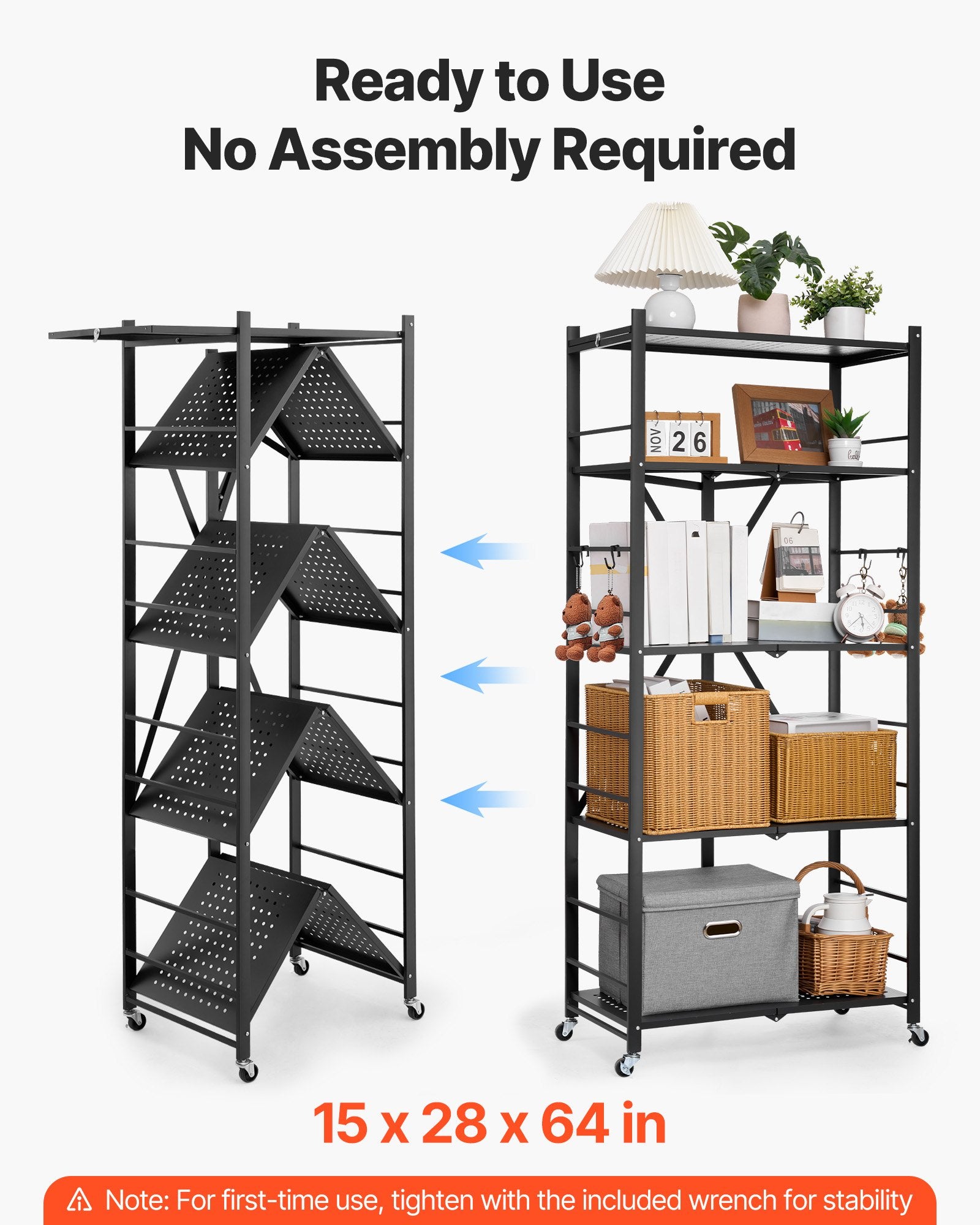 5-Tier Foldable Storage Shelf, 28W X 15D X 64H Inch Folding Metal Rack Shelving Unit, No Assembly Organizer Shelf With 5 Wheels & 4 Hooks For Pantry, Kitchen, Garage, Basement, Black