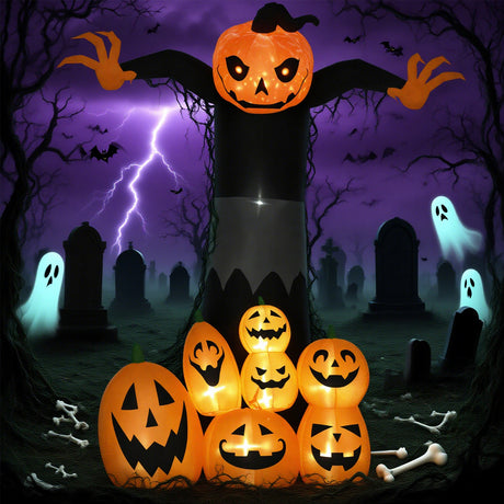 9ft Halloween Inflatables Outdoor Decorations, Pumpkin Ghost With Pumpkin Patch, Outdoor Giant Blow Up Yard Decor With Build-in LED For Garden, Lawn, Party, Holiday - CJDS - FC