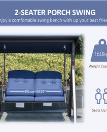 2-Person Patio Swing Bench with Adjustable Shade Canopy, Soft Cushions, Throw Pillows and Tray, Dark Blue