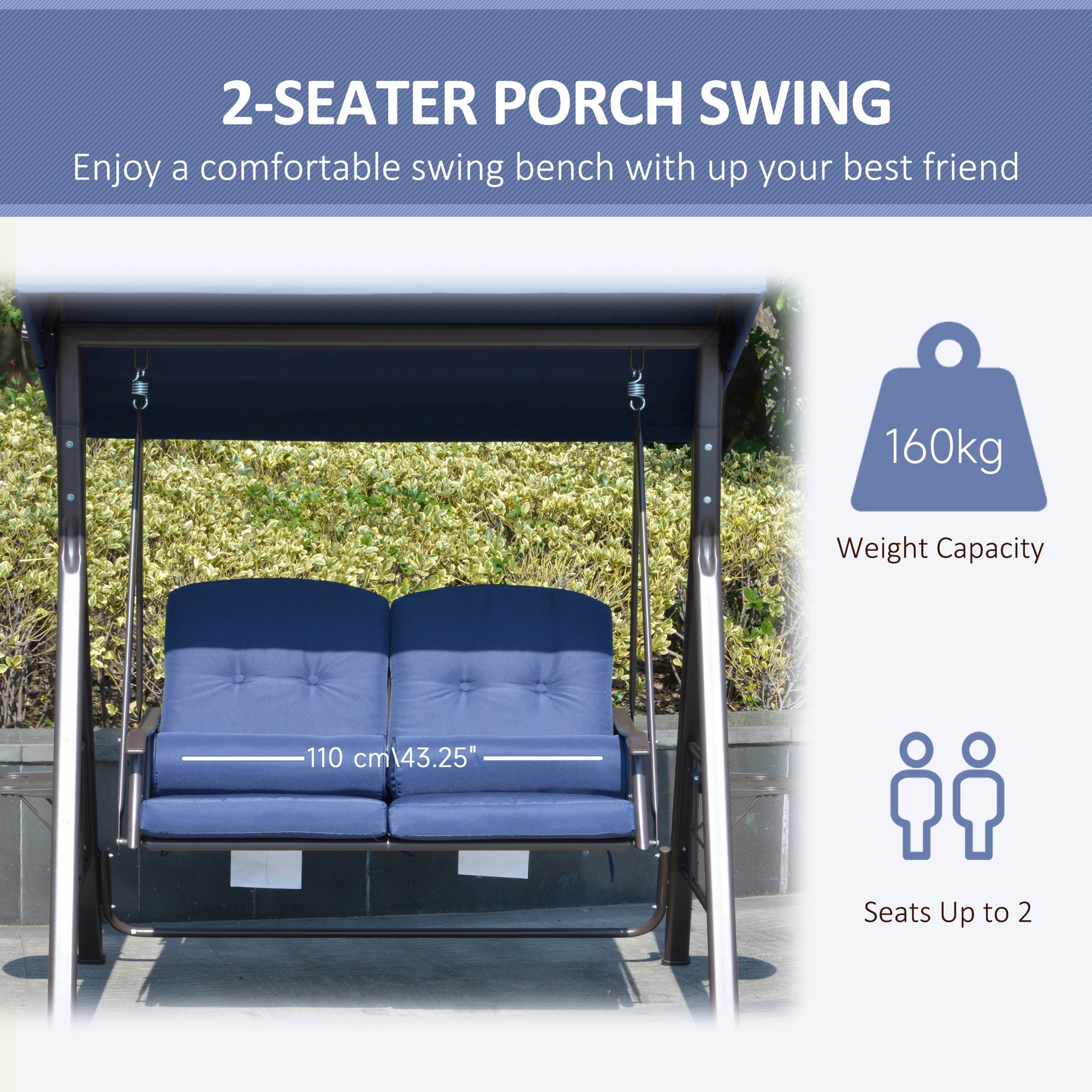 2-Person Patio Swing Bench with Adjustable Shade Canopy, Soft Cushions, Throw Pillows and Tray, Dark Blue