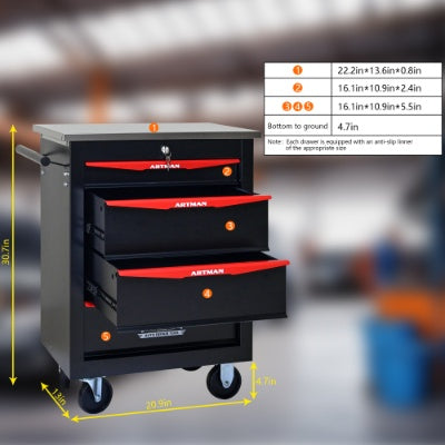 4 Drawers Multifunctional Tool Cart With Wheels,Metal Rolling Tool Cart Storage For Garage Workshop Warehouse Repair Shop--With Stainless Steel Roof- BLACK RED